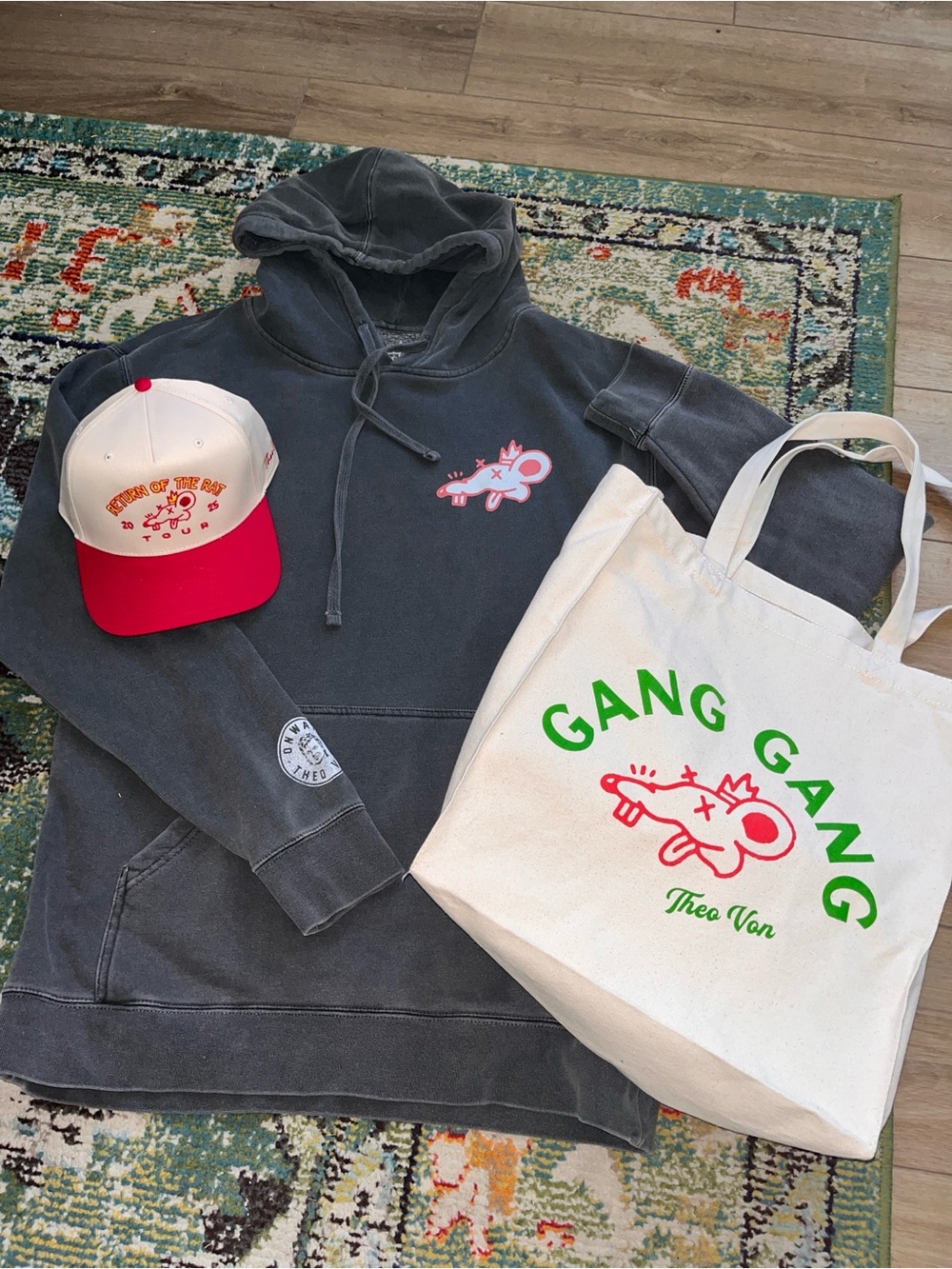 Lot 3 Theo Von Hoodie Hat Bag Rat King Sz Large Gray Red New Gang Gang